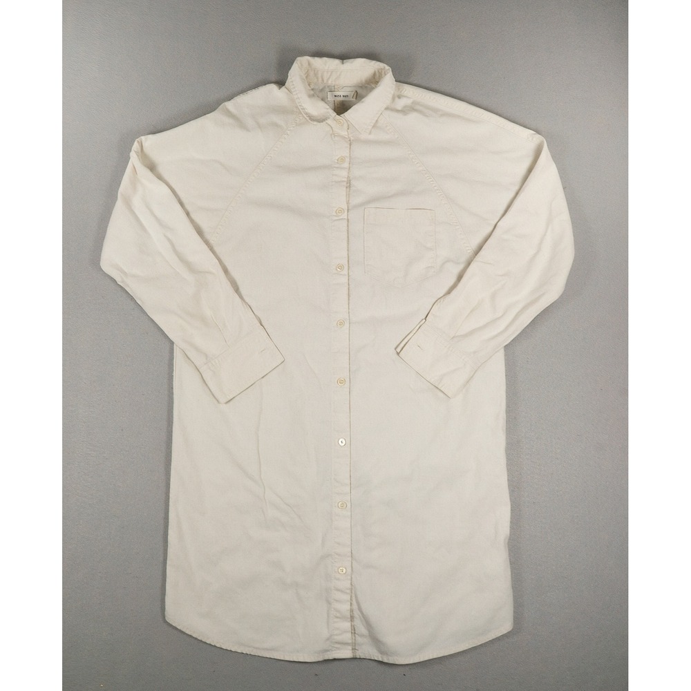 MOD REF Womens Small Cream Linen Blend Long Sleeve Button Up Shirt Tunic Stain